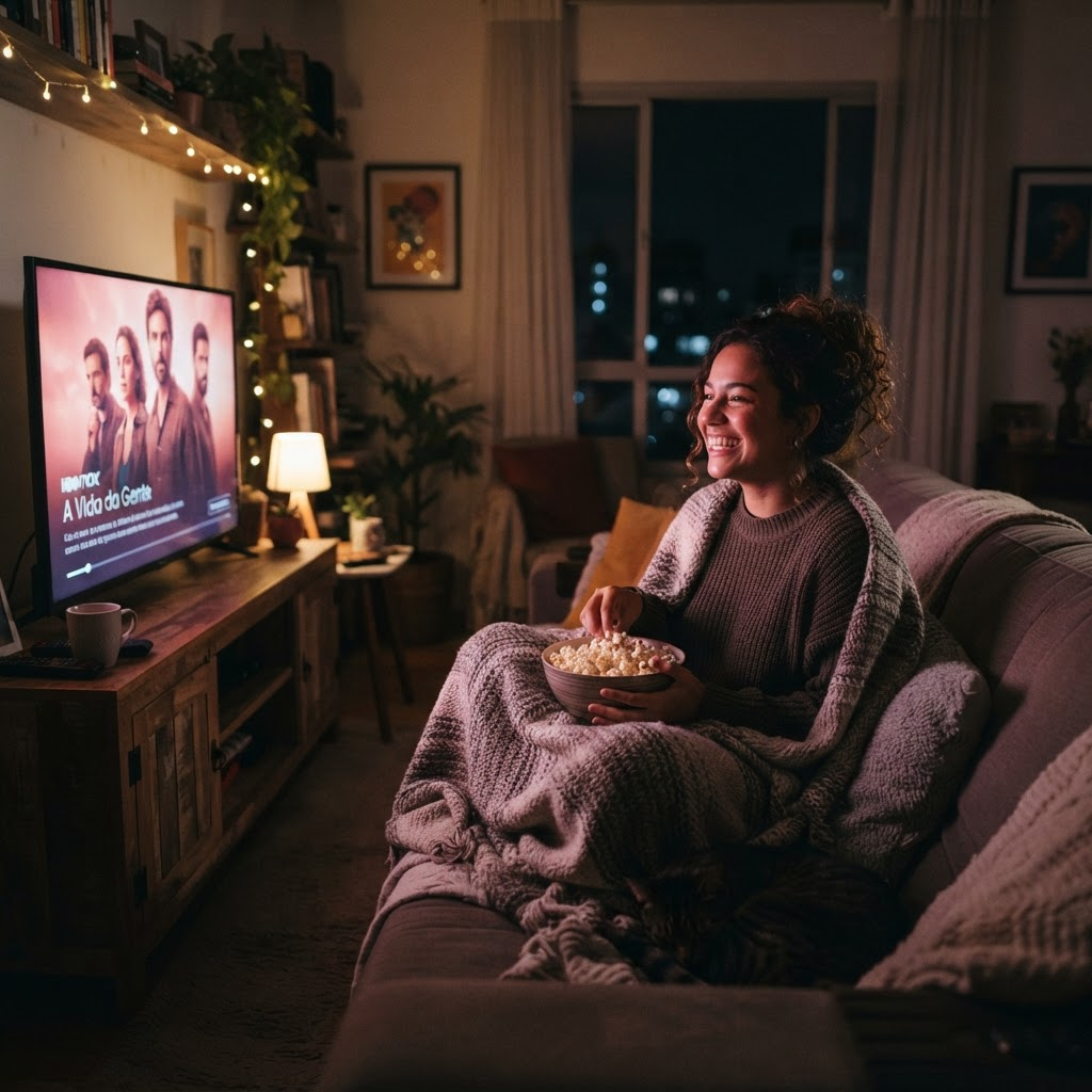 Mulher confortável no sofá assistindo um dorama